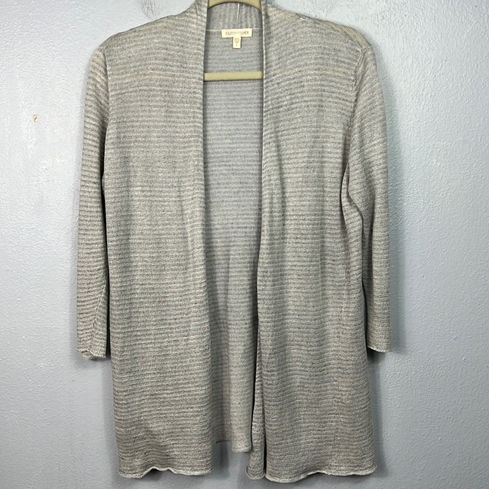 Eileen Fisher Linen 3/4 Sleeve Gray Stripe Open Front Cardigan Small